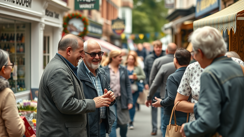 vibrant community town center, smiling business owners, interacting with local residents, picturesque Monmouthshire street market, bustling shoppers, monmouthshiremedia.com/business