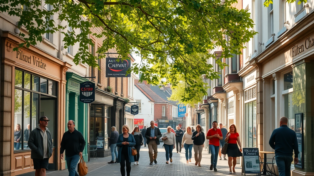 Vibrant Monmouthshire town high street bustling with local business owners and customers on a sunny afternoon, local businesses in Monmouthshire thriving under leafy green trees