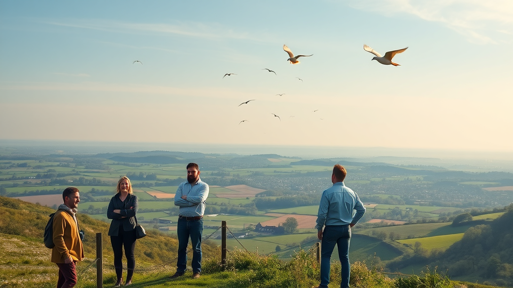 Scenic South Wales countryside overlooking Monmouthshire, local business entrepreneurs networking by patchwork fields and a Welsh village