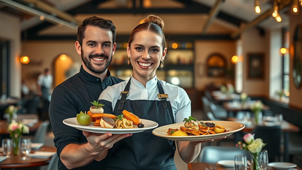 Award-winning Monmouthshire hospitality venue staff smiling while presenting signature local dishes in a warm and inviting atmosphere