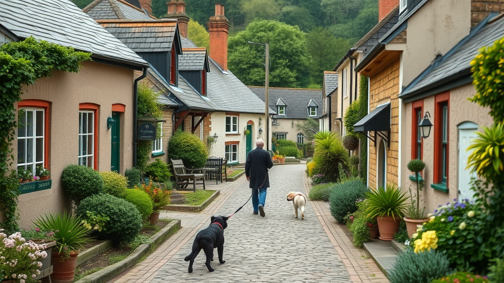 Charming Monmouthshire village street with blooming gardens, cobblestone paths, local shops in tranquil atmosphere