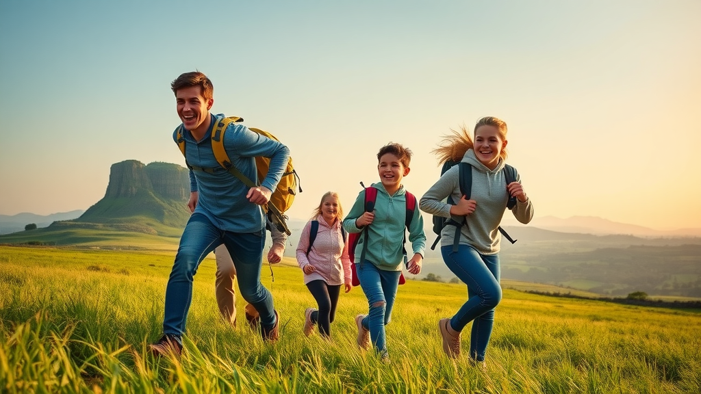 Active family exploring scenic Monmouthshire countryside, hiking near landmark mountains, experiencing local businesses in Monmouthshire