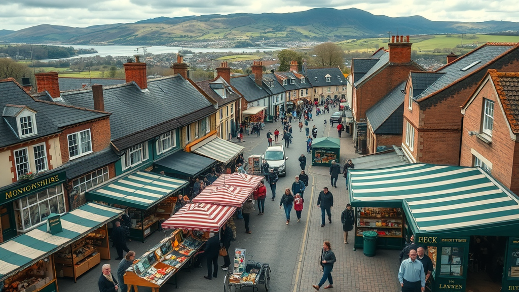 Dynamic aerial view of Monmouthshire’s vibrant town centre, bustling market stalls and heritage buildings, locals and business owners interacting, backdrop of rolling Welsh hills and river, highly detailed