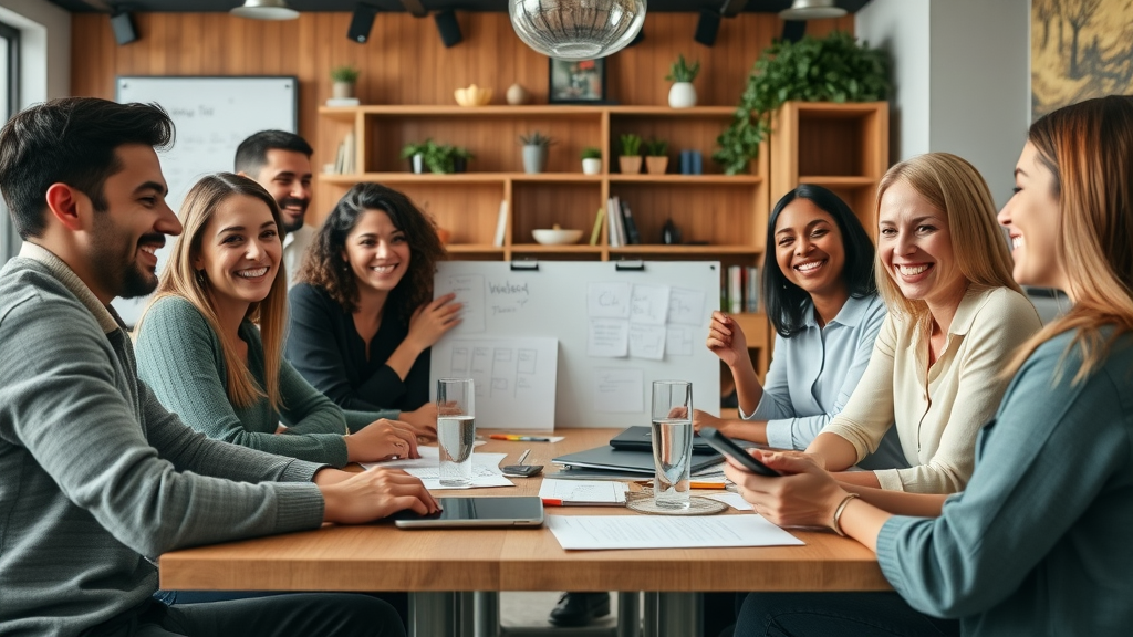 Motivated diverse business team, collaborative expressions, brainstorming in a cozy coworking space with local Welsh decor, highly detailed