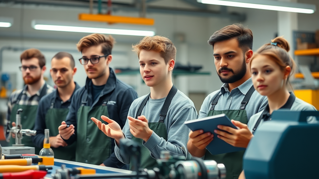 Ambitious young apprentices and mentors, engaged in practical skills training in Monmouthshire, highly detailed