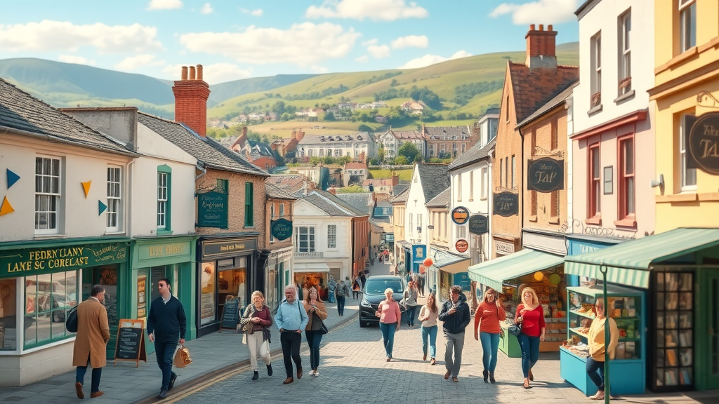 Picturesque high street in Abergavenny, cheerful shopfronts, lively foot traffic, showcasing local products