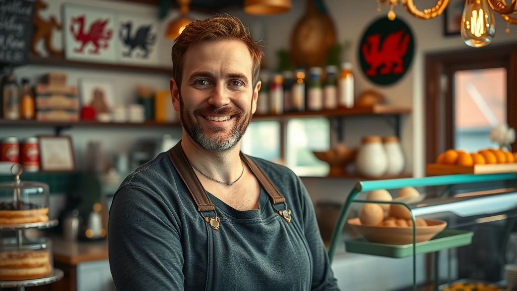 Passionate entrepreneur owner, working behind the counter of a local startup café, cozy Welsh décor