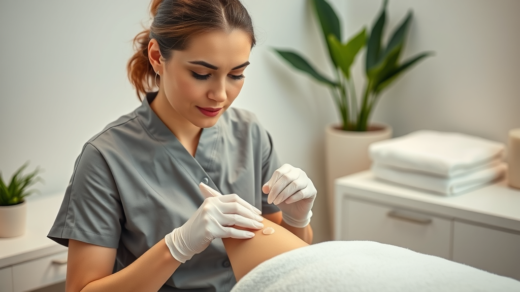 Professional beautician performing Lansing sugar wax service, applying warm sugar paste in a calm spa setting.