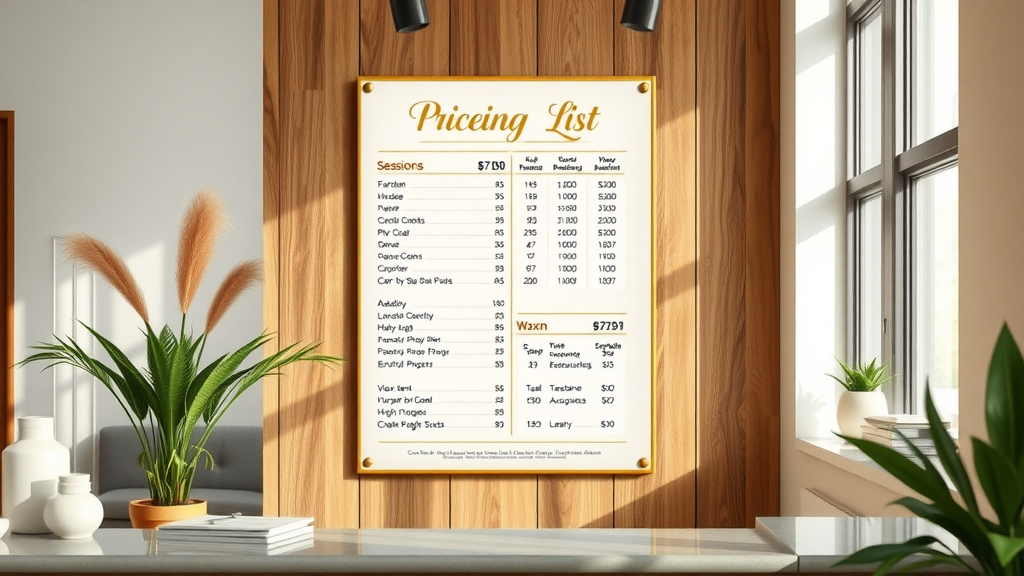 Spa reception price list board showing Lansing sugar wax service pricing and package deals.
