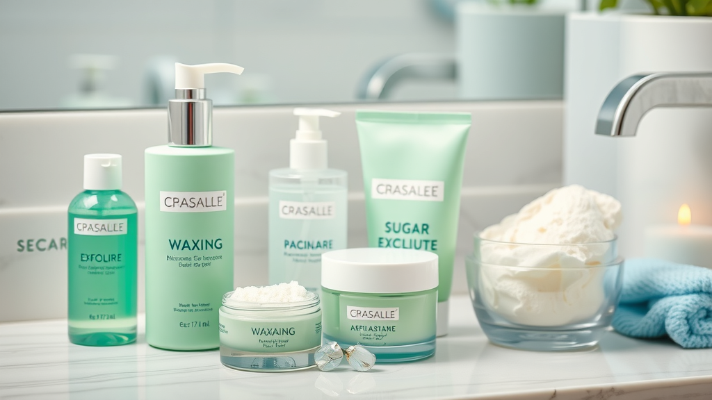 Selection of skincare products for prepping before Lansing sugar wax service, including exfoliant and gentle moisturizer.