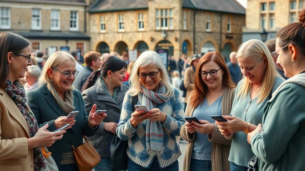 vibrant community gathering in Monmouthshire town square, residents of various ages engaging with digital screens and smartphones, smiling and conversing, historical stone buildings and public displays in the background, representing public mediasite in Monmouthshire