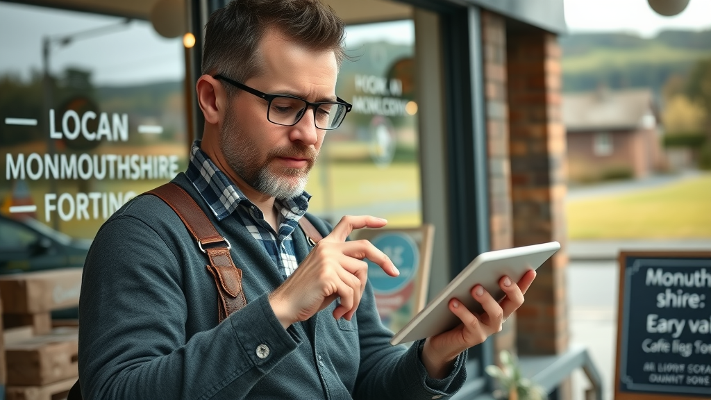 engaged small business owner using a tablet, storefront with local Monmouthshire branding, connected to community app, lush countryside view, demonstrating social media synergy with public mediasite in Monmouthshire