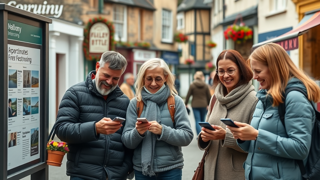 picturesque street scene in Abergavenny, locals reading public information board and using smartphones, medieval Welsh architecture around, illustrating public service navigation via public mediasite in Monmouthshire