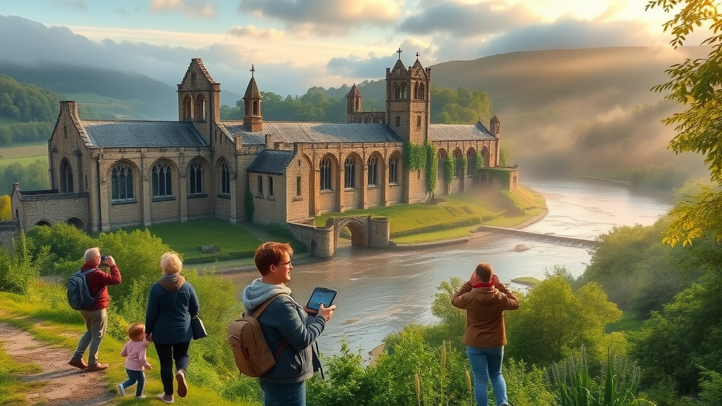 beautiful Tintern Abbey with scenic river and families using digital guides, lush valley, symbolizing visitor information and social media synergy in Monmouthshire