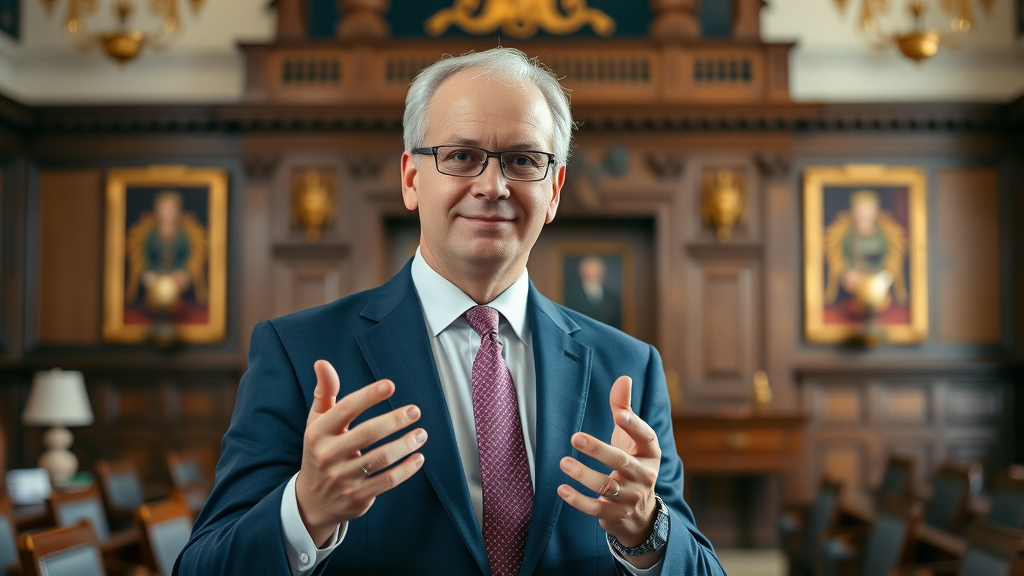 confident Monmouthshire council leader, approachable, standing in historic council chamber - council leadership and vision for community voice
