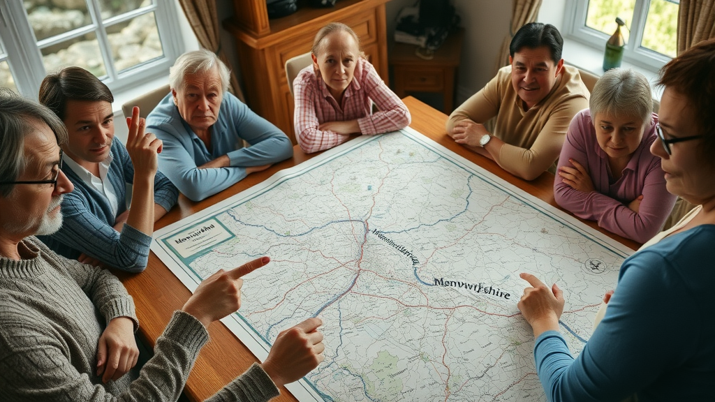 detailed Monmouthshire map, highlighted towns and rural areas, surrounded by diverse residents - area Monmouthshire council covers