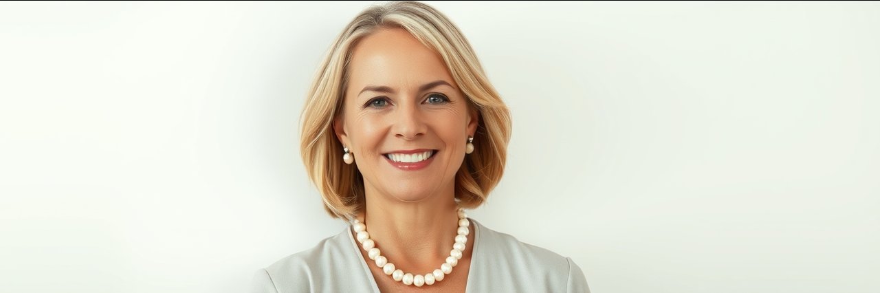 Smiling woman promotes affordable home and auto insurance in a professional portrait.