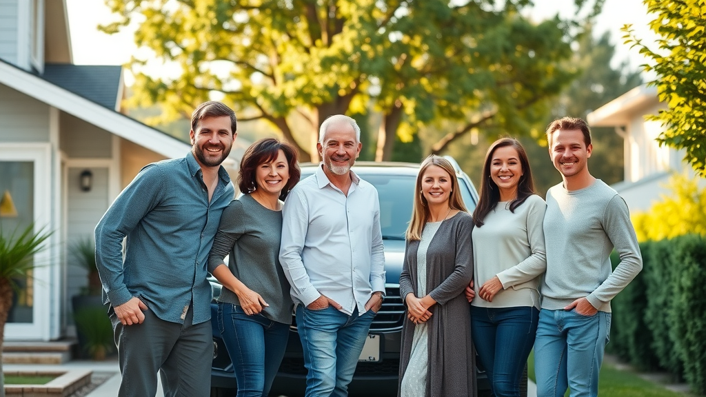 Affordable home and auto insurance concept with happy family, house, and car