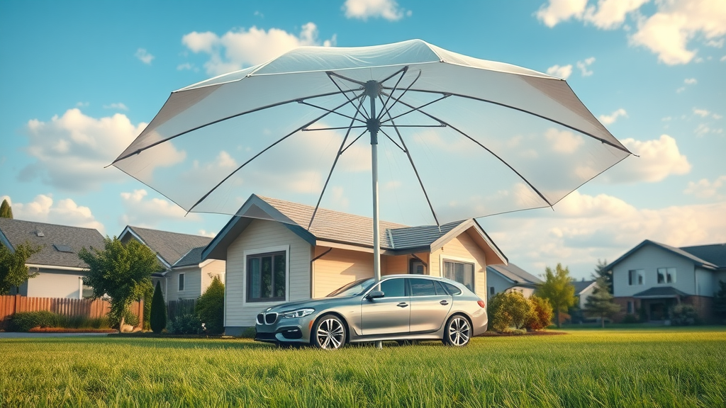 Affordable home and auto insurance symbolized by umbrella over house and car
