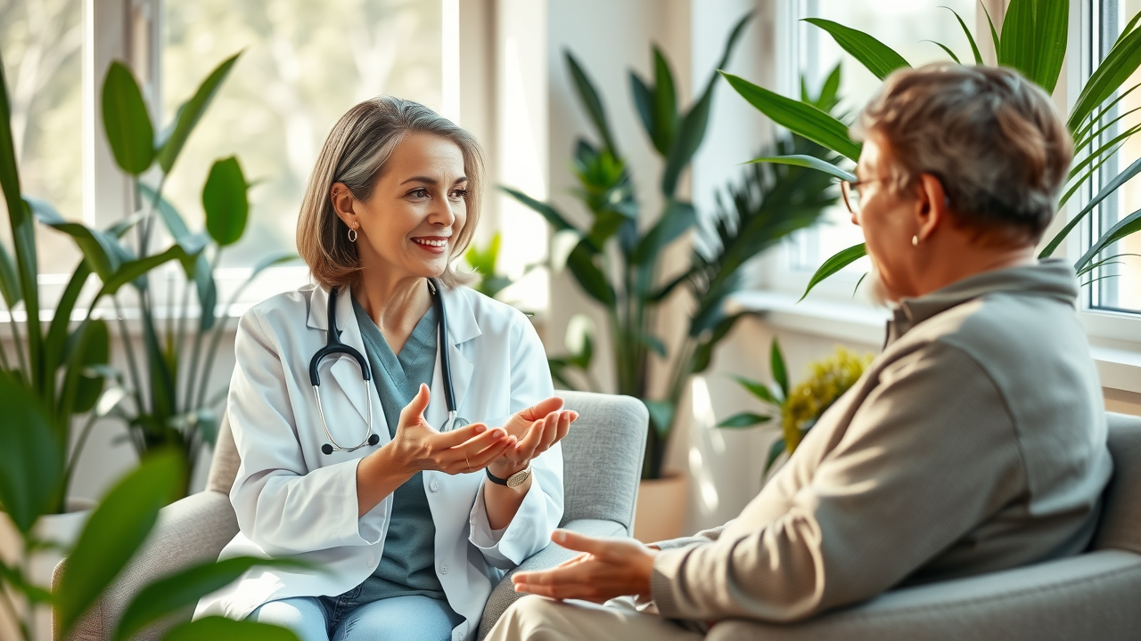 soothing medical consultation holistic medicine clinic with doctor and patient engaging in a warm and calming atmosphere, natural sunlight, earth tones, and plants, representing holistic health care