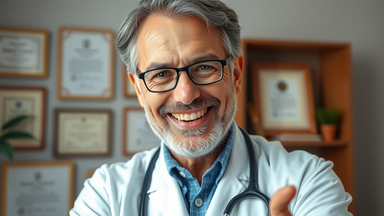 professional holistic doctor portrait in a warm and welcoming office, symbolizing authority, empathy, and holistic medicine expertise