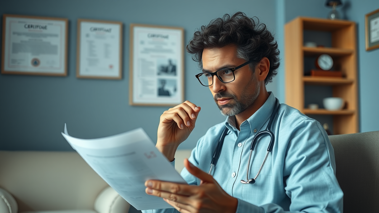 thoughtful patient reviewing paperwork with a holistic doctor in a consultation room, certificates visible, reflecting trusted holistic medicine care
