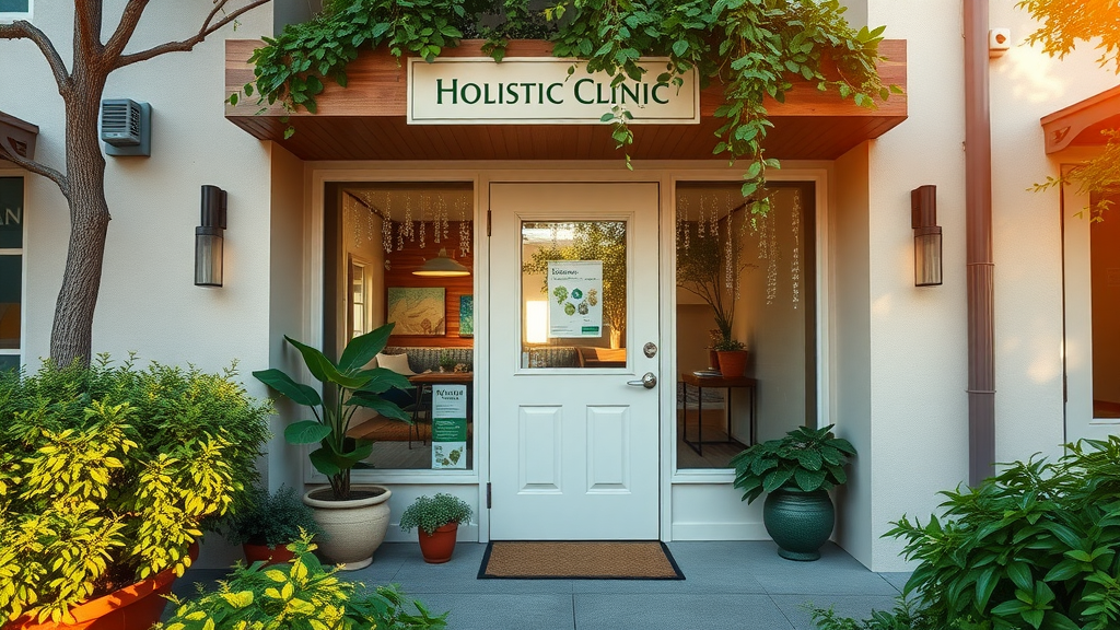 inviting holistic clinic exterior welcoming entrance at sunrise urban wellness center with greenery representing the start of the holistic medicine journey