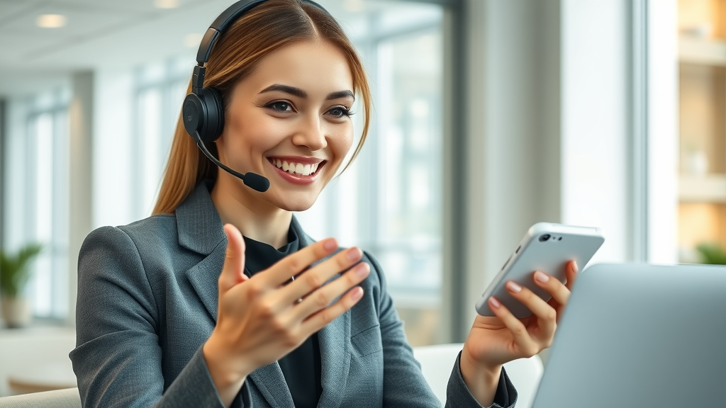 Businesswoman speaking with an AI voice assistant using voice agent technology