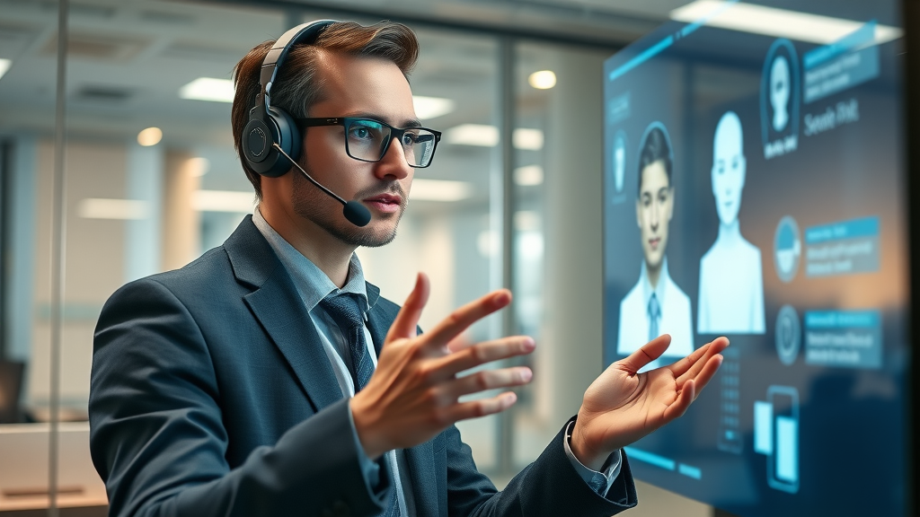 Business professional interacting with live demo of AI voice agent for IVR conversational solutions