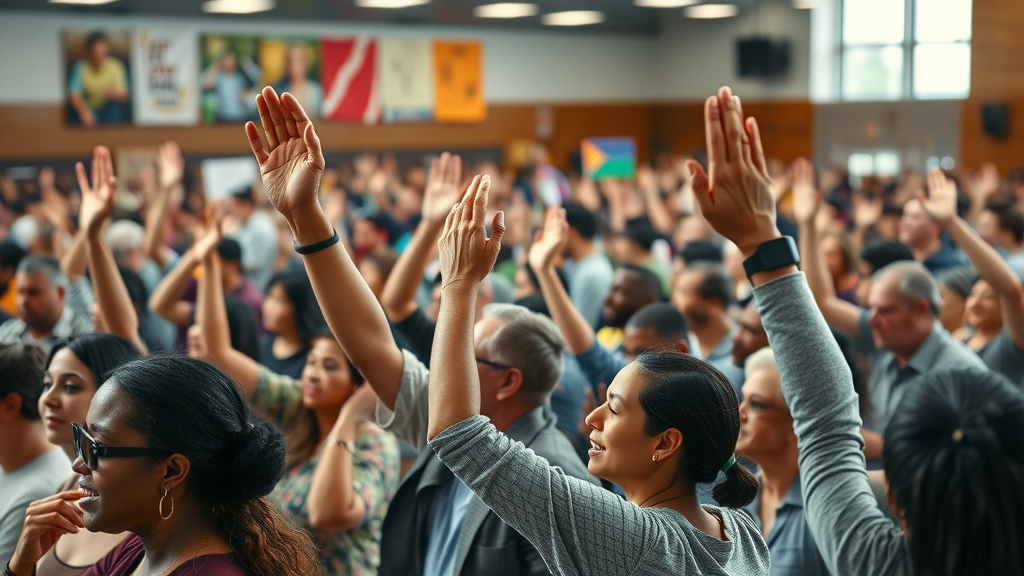 Engaged Monmouth County town hall with diverse people raising hands and animated civic discussions, representing monmouhs voice.