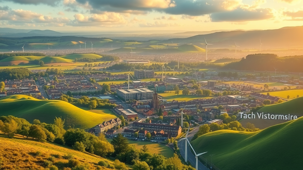 Visionary Monmouthshire cityscape showing sustainable growth, clean energy, and engaged communities.