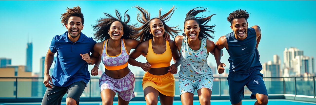 Diverse athletes celebrating in custom sportswear on rooftop city sports court.