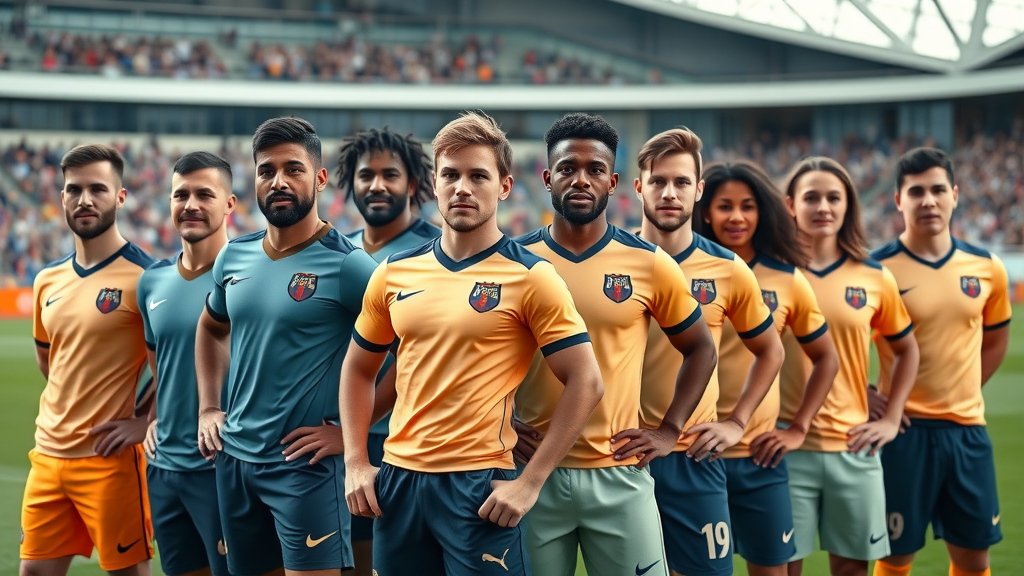 Diverse team in custom sportswear at stadium showing team unity and style