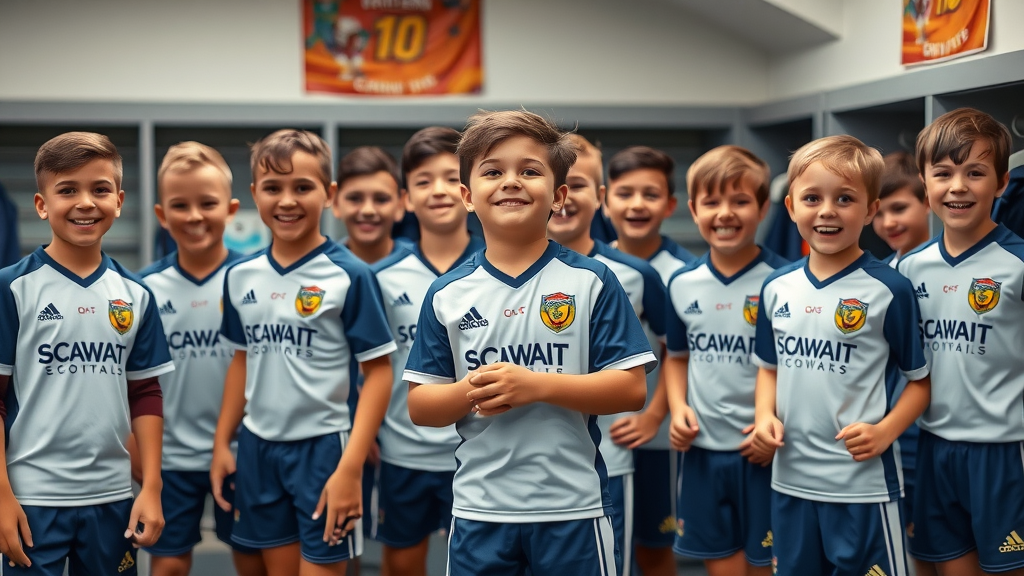 Youth team in custom sportswear preparing for a game in locker room