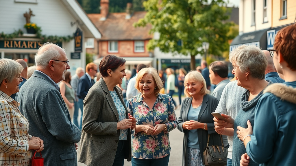 Monmouthshire town square with community gathering, citizens engaging in discussion, your voice matters in monmouthshire