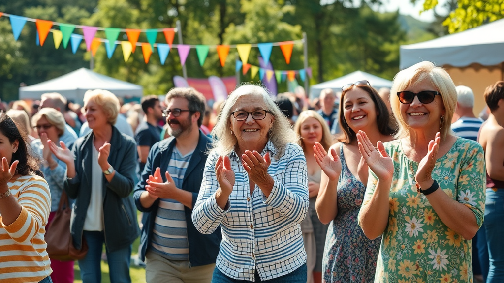 Cheerful Monmouthshire residents celebrating in park, showing community progress, your voice matters in monmouthshire