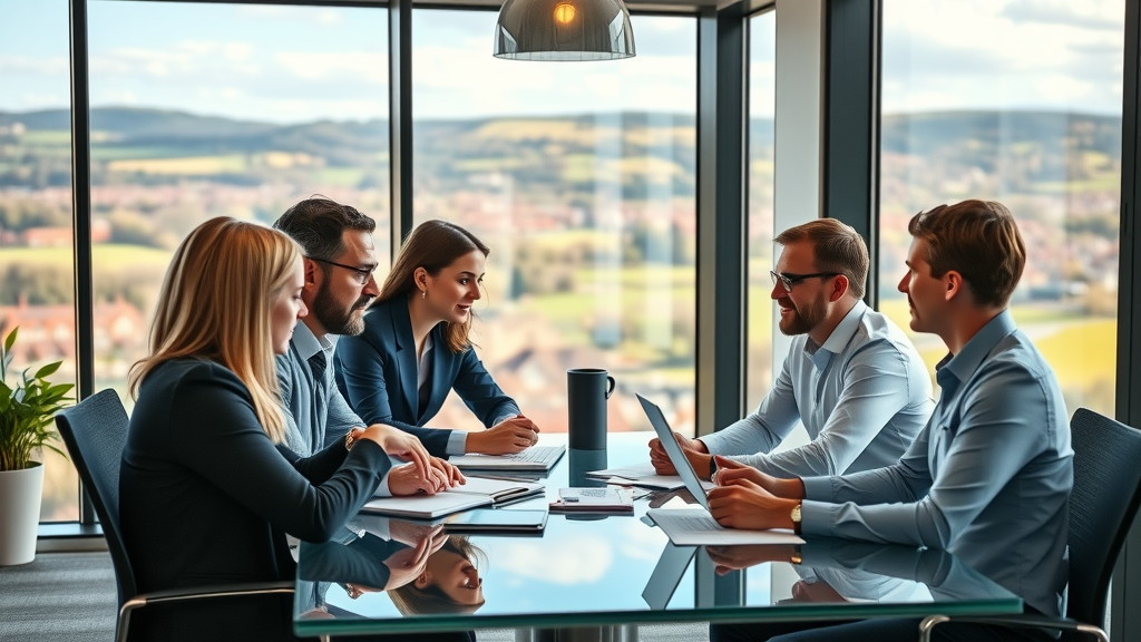 vibrant business district in Monmouthshire, engaged professionals, collaborating around a table, Photorealistic High Fidelity Lifelike, modern office windows revealing the scenic Welsh countryside, highly detailed, visible energy and interaction, rich colors, soft afternoon natural lighting, shot with a 50mm camera lens