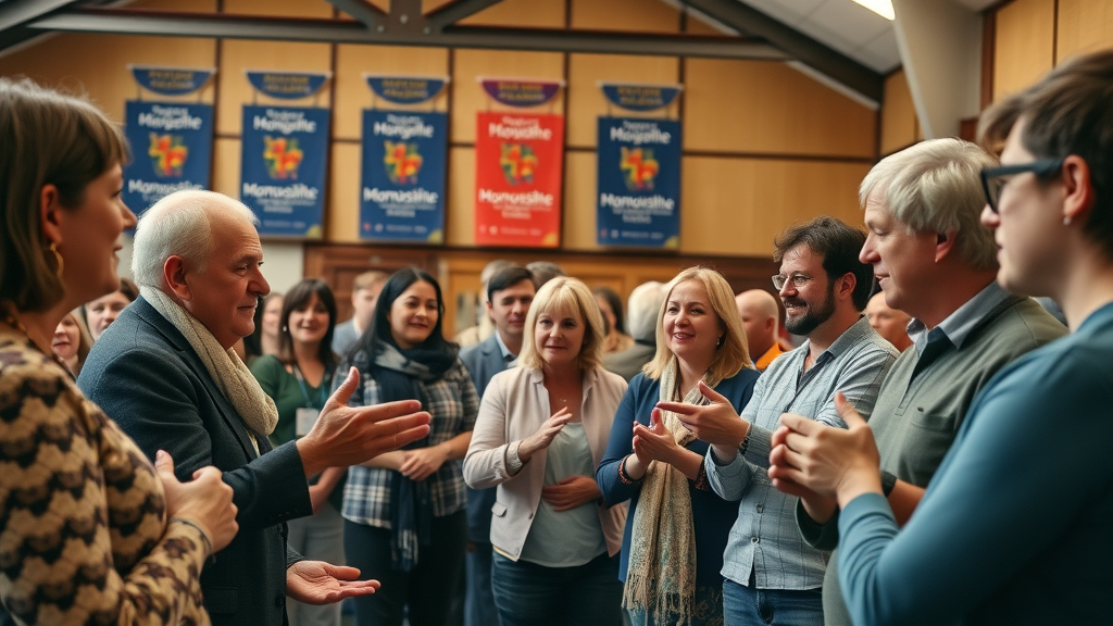inspiring community meeting in Monmouthshire, inclusive and diverse group, actively discussing innovative ideas, Cinematic, town hall interior with Monmouthshire banners, highly detailed, group engagement with gestures, warm color palette, soft overhead lighting, shot with an 85mm camera lens