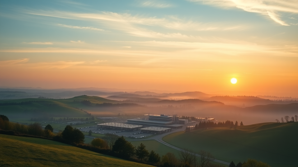 inspiring landscape view of Monmouthshire, sunrise over a thriving business park, promising and hopeful, depiction of sustainable modern buildings with countryside, Photorealistic High Fidelity Lifelike, rolling Welsh hills, highly detailed, morning mist, gentle golden light, shot with a wide-angle camera lens
