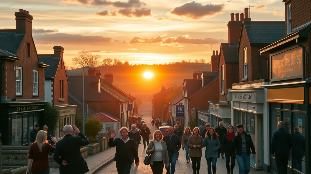Sunrise over Monmouthshire town, hopeful small businesses opening and residents greeting each other for a fresh start