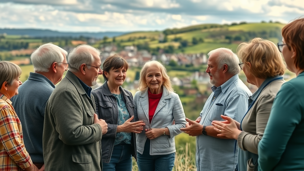 Inspirational Monmouthshire landscape with community members gathered for a discussion, rolling Welsh countryside, historic town elements, people interacting, vibrant natural colors, shot with a 35mm lens