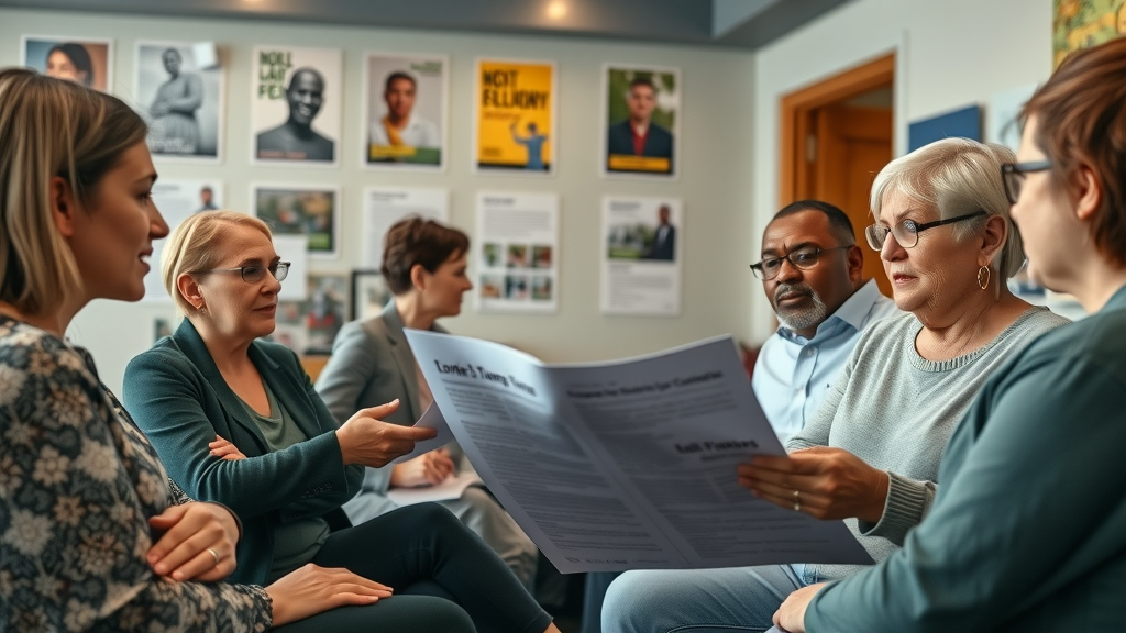 Professional community group engaged in planning at a modern Monmouthshire community centre, highly detailed, people collaborating, natural skin tones