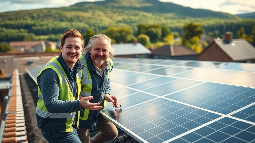 Dynamic Gwent Energy CIC team monitoring solar panel performance on a school roof, Welsh hills in background, photorealistic detail, morning light