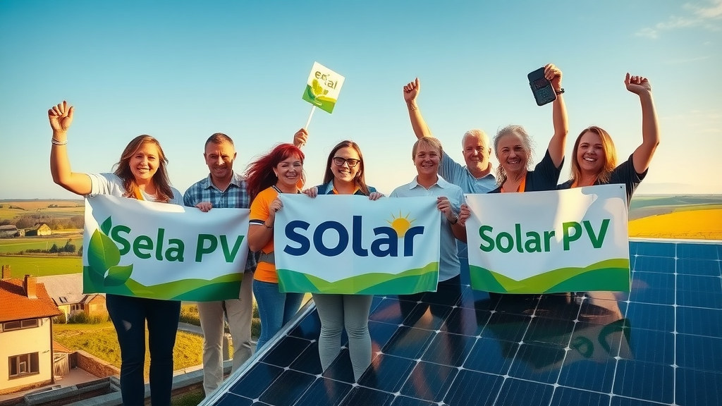 Successful solar PV installation with proud volunteers and eco-banners beside panels on a village hall rooftop, clear sky, Welsh green fields, golden hour lighting
