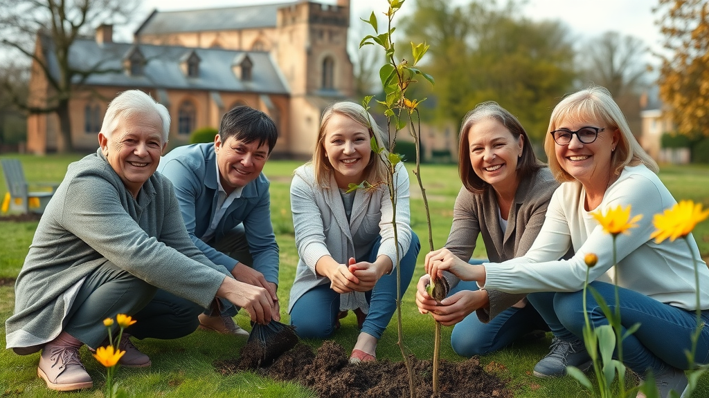 Hopeful Monmouthshire residents smiling while planting trees in a lush local park, spring flowers and historic church in the background, highly detailed, warm lighting