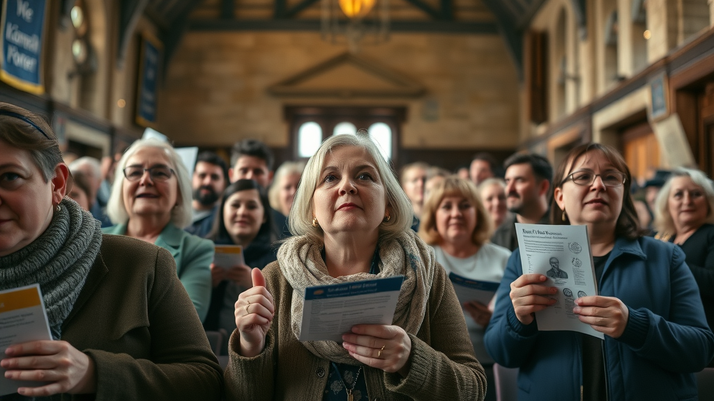 Motivated local Monmouthshire residents eagerly joining a community meeting inside the historic town hall, highly detailed, active participation, ambient lighting