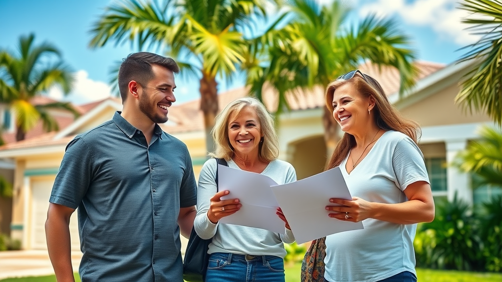 Orlando family outside a modern home discussing sale plans in a lush Central Florida neighborhood – ultimate guide to selling a home in Orlando