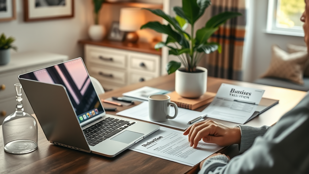 Orlando homeowner researching home sale process online – organized workspace with valuation paperwork