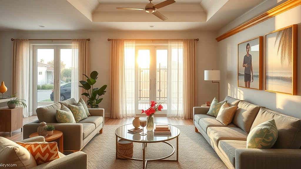 Staged Orlando home living room with modern furnishings and tropical decor