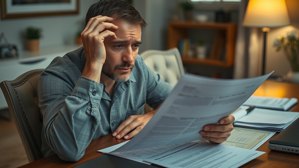 Concerned Orlando home seller reviewing paperwork before finalizing the sale
